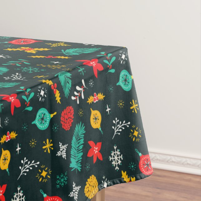 Holiday Christmas Holly Berries Festive Baubles Tablecloth (In Situ)