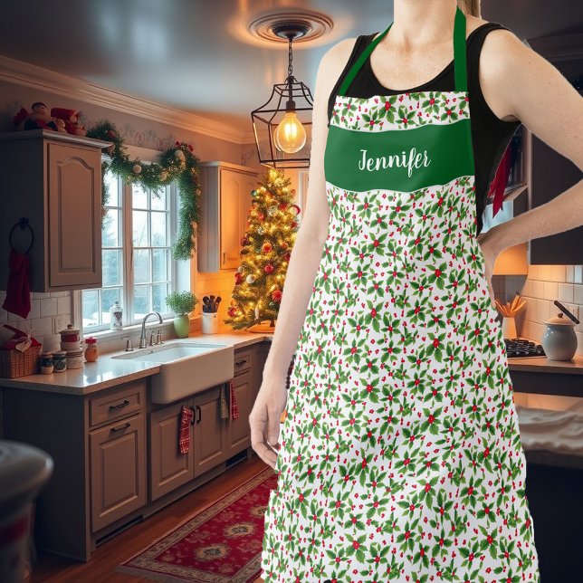 Holiday Christmas holly berries monogram name Apron (Holiday holly berries monogram name Christmas Apron. You can add your own name to personalize.)
