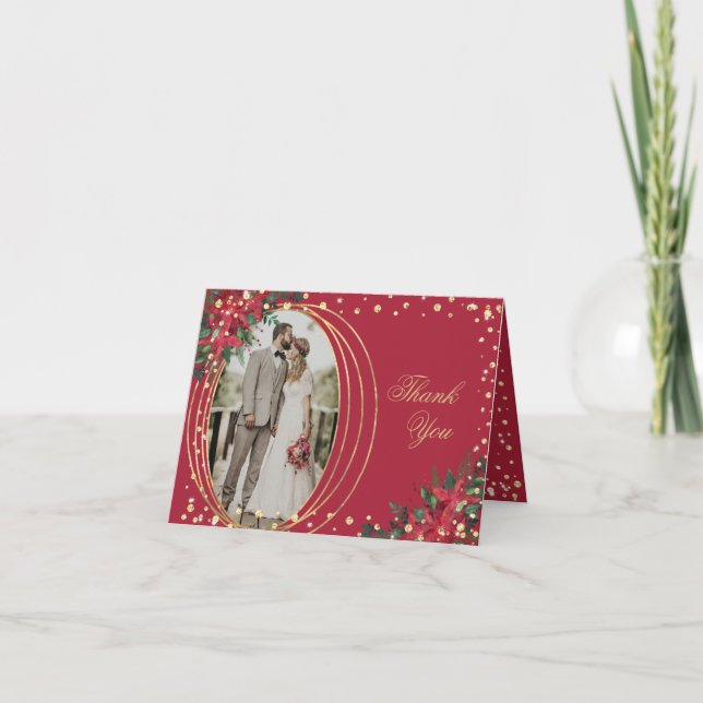 Holiday Christmas Holly Photo Wedding Thank You Card (Front)