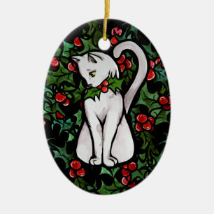 Holiday Christmas Holly White Cat Ceramic Ornament
