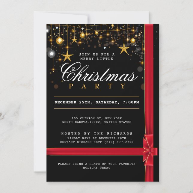 Holiday Christmas Party Elegant Black Red Bow Invitation (Front)