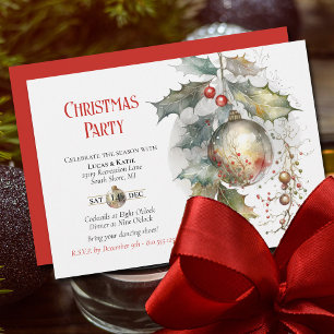 Holiday Christmas Party Holly Ornament Red Gold Invitation