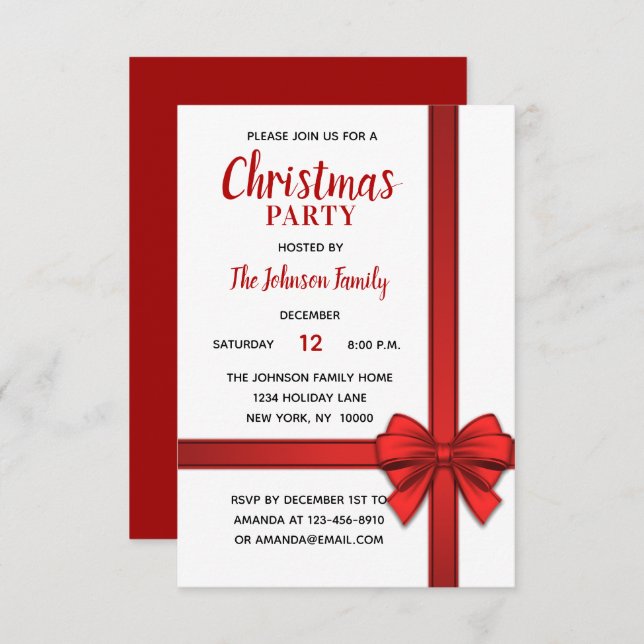 Holiday CHRISTMAS PARTY White Red Bow Gift Invitation (Front/Back)