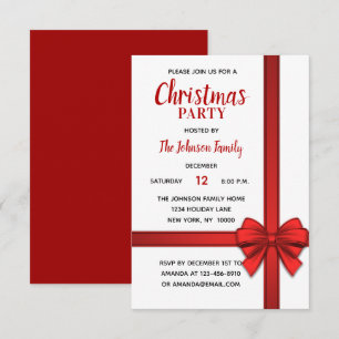 Holiday CHRISTMAS PARTY White Red Bow Gift Invitation