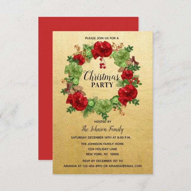 Holiday CHRISTMAS PARTY Wreath GOLD Red Green Invitation (Front/Back)