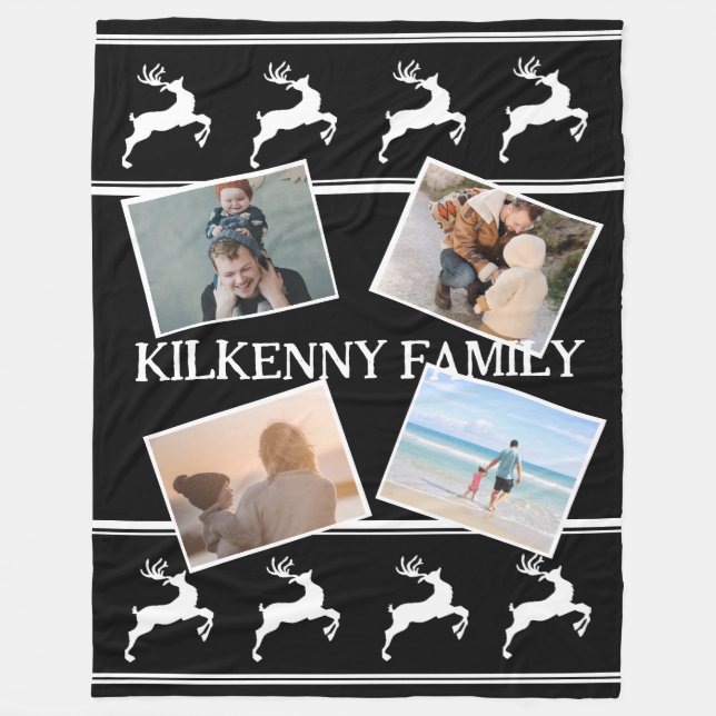 Holiday Christmas photo custom reindeer black Fleece Blanket (Front)