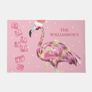 Holiday Christmas Pink Flamingo Personalised Fa La Doormat