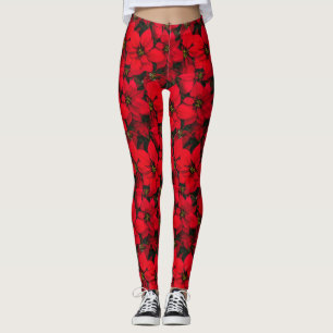 Holiday Christmas Red Flower Poinsettia Leggings