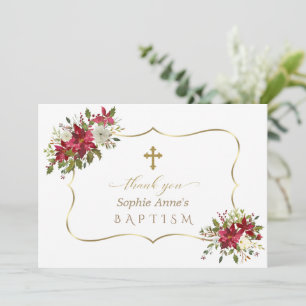 Holiday Christmas Red White Poinsettia Baptism Thank You Card