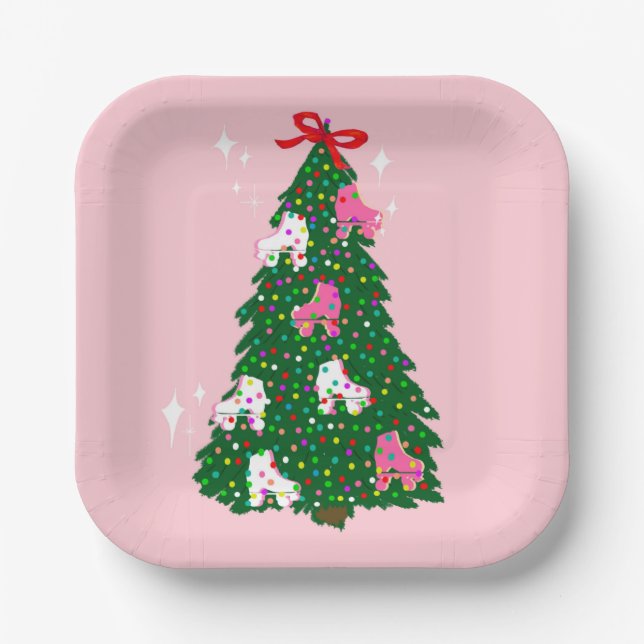 Holiday Christmas Roller Skating Xmas Skate  Paper Plate (Front)