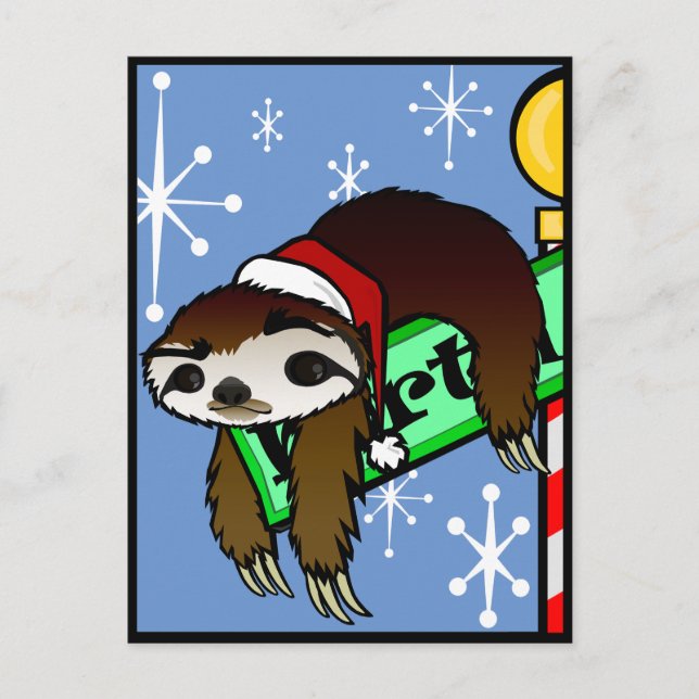 HOLIDAY CHRISTMAS SANTA SLOTH VERTICAL POSTCARD (Front)