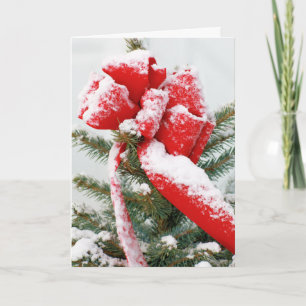 Holiday Christmas Snow Red Bow Spruce Tree Top Card