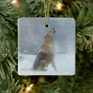 Holiday Christmas Snow Wolf and Howling Ceramic Ornament