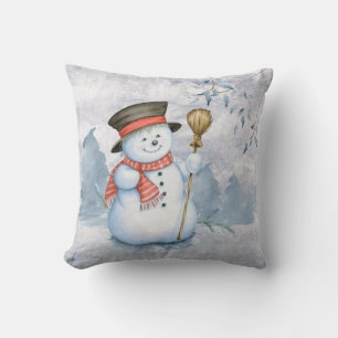 Holiday Christmas Snowman Watercolor Snow Cushion