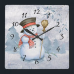 Holiday Christmas Snowman Watercolor Snow  Square Wall Clock<br><div class="desc">Cute watercolor snowman Christmas clock.  Adorable.  So cute for your holiday.   See matching products.  Remember,  you can transfer this pattern to anything ‘Zazzle” has available for purchase.  This will make a special gift for that “hard to buy person”. This decoration can be used throughout the winter season.</div>