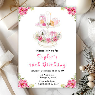 Holiday Christmas Tea Birthday Party Pink Invitation