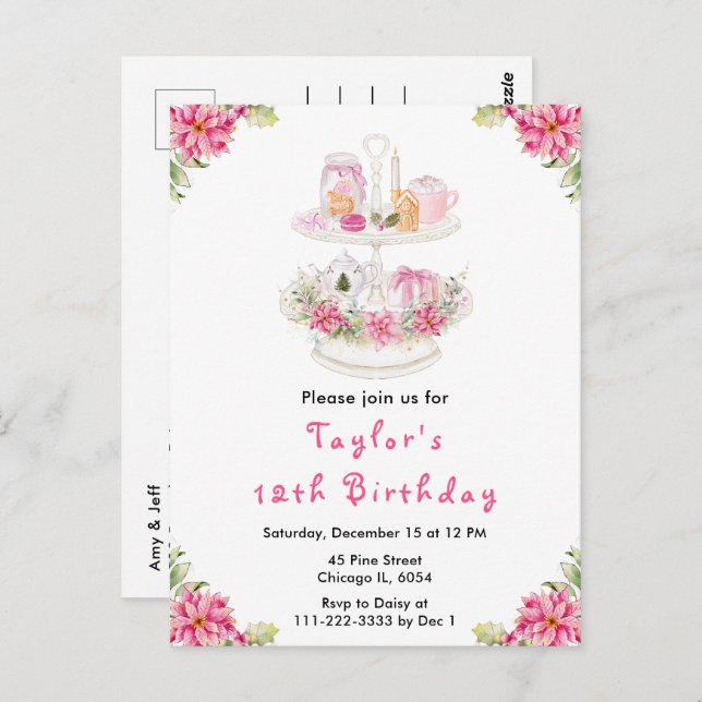 Holiday Christmas Tea Birthday Party Pink Postcard (Front/Back)