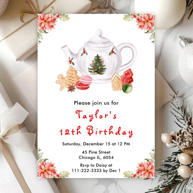 Holiday Christmas Tea Birthday Party Red Invitation (Creator Uploaded)