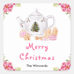 Holiday Christmas Tea Pink Merry Christmas Square Sticker