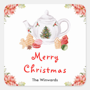 Holiday Christmas Tea Red Merry Christmas Square Sticker