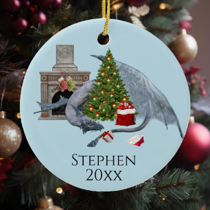 Holiday Christmas Tree Fantasy Dragon Ceramic Ornament