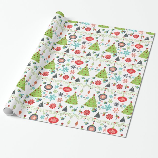 Holiday Christmas Trees Snowflakes Wrapping Paper (Unrolled)