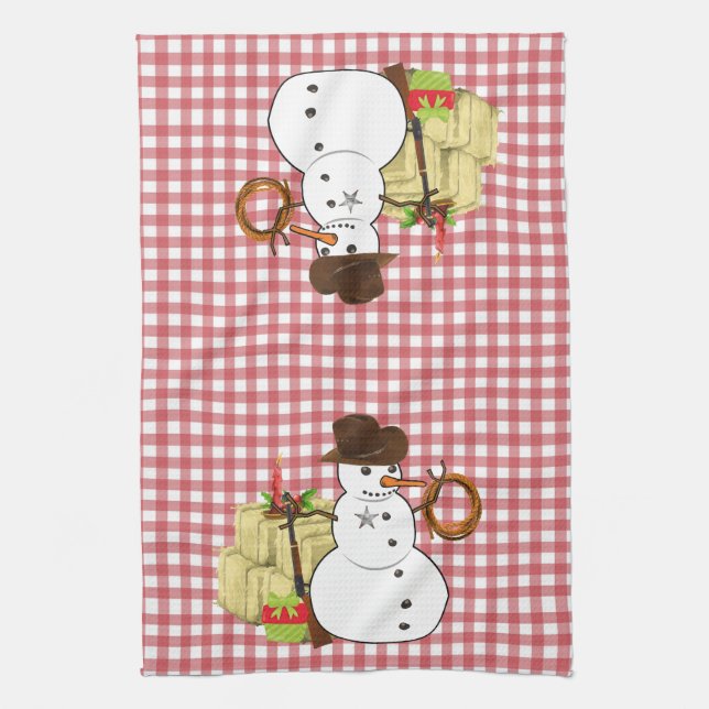 Holiday Christmas Western Cowboy Snowman Tea Towel (Vertical)