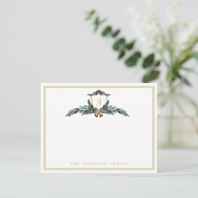 Holiday Christmas Winter Pinecone Crest Monogram Card (Standing Front)