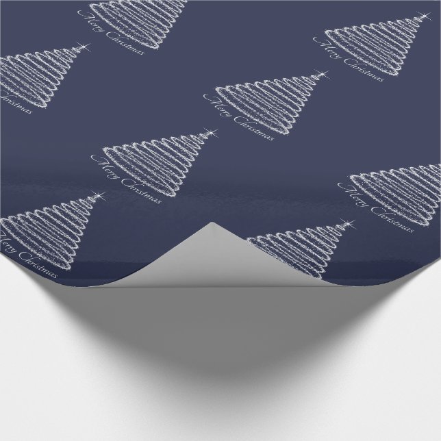 Holiday Christmas Wrapping Paper Silver Tree Navy (Corner)