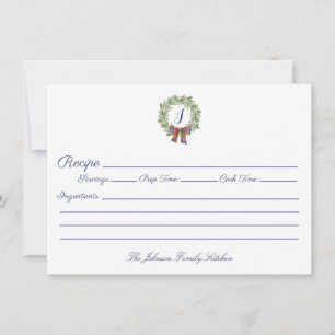 Holiday Christmas Wreath Monogram Family Recipe Card