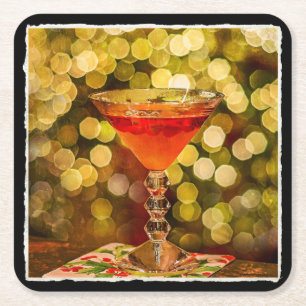 Holiday Cocktail with Lights Square Paper Coaster
