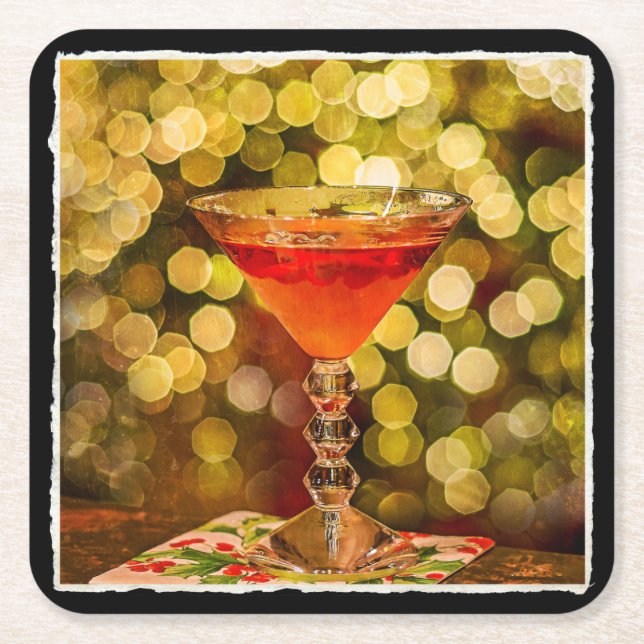 Holiday Cocktail with Lights Square Paper Coaster (Front)