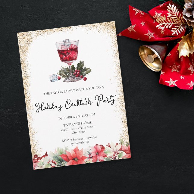 Holiday Cocktails Festive Drinks Christmas Party Invitation (elegant watercolor christmas red cocktail with gold glitter frame party or dinner invitation)