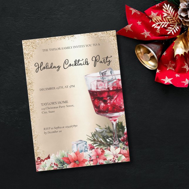 Holiday Cocktails Festive Drinks Christmas Party Invitation (elegant watercolor illustration of christmas red cocktail with gold background and gold glitter fram)