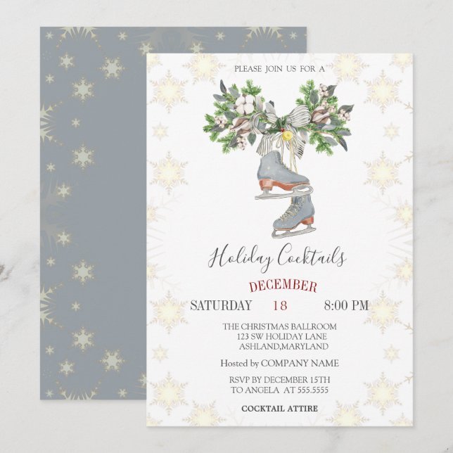 Holiday Cocktails Snowflakes Ice skates Christmas  Invitation (Front/Back)