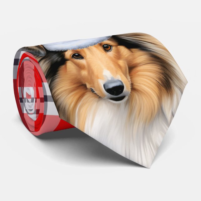 Holiday Collie Dog Red and White Plaid Christmas Tie (Rolled)