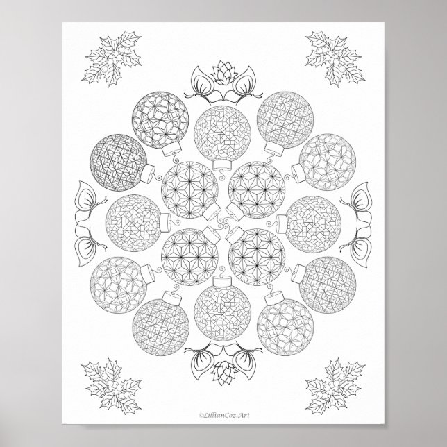 Holiday Coloring Poster - ornaments & butterflies (Front)