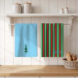 Holiday Colours Green Red White Stripes Tea Towel