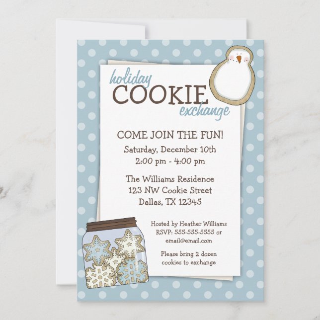 Holiday Cookie Exchange Blue Polka Dot Invitations (Front)