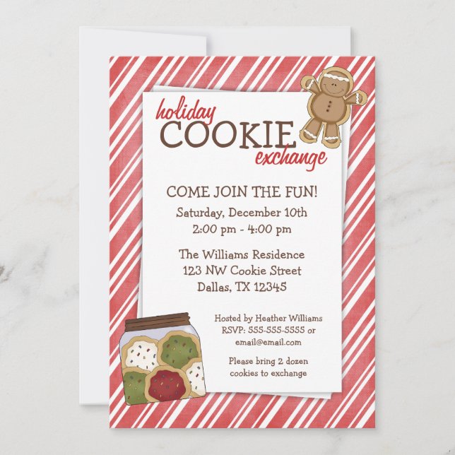 Holiday Cookie Exchange Red Stripes Invitations (Front)