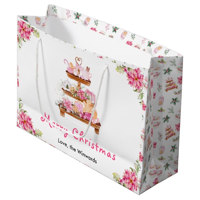 Holiday Cookies and Cocoa Pink Merry Christmas Large Gift Bag (Front Angled)
