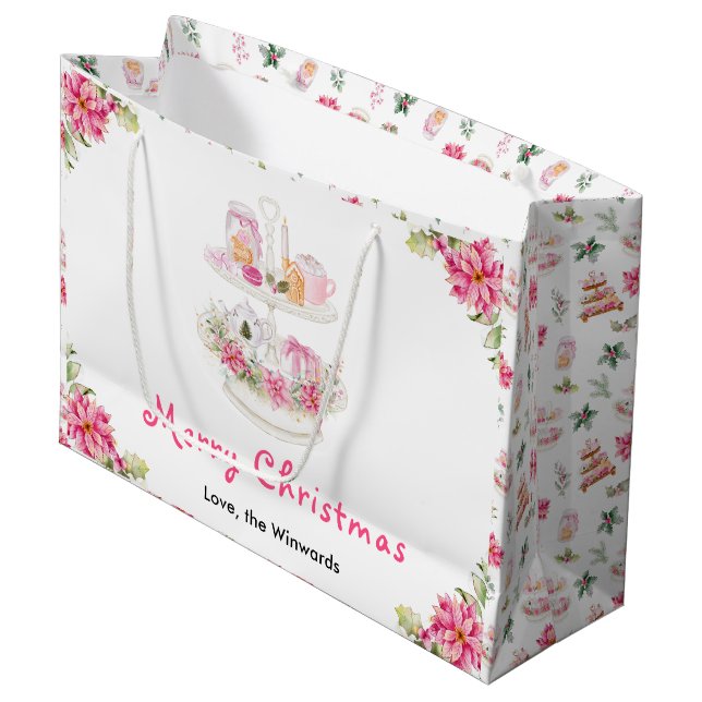 Holiday Cookies and Cocoa Pink Merry Christmas Large Gift Bag (Front Angled)