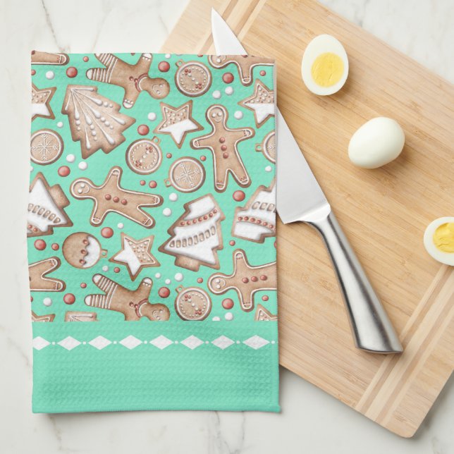 Holiday Cookies Pattern on Teal Tea Towel (Quarter Fold)