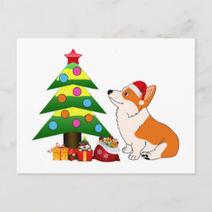 Holiday Corgi Cartoon with Tree Postcard