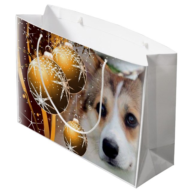 Holiday Corgi with Bulbs Large Gift Bag (Back Angled)