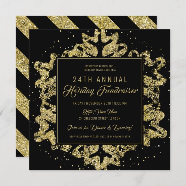 Holiday Corporate Fundraiser Gala Gold & Black Invitation (Front/Back)