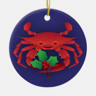 Holiday Crab with Holly Ceramic Tree Decoration