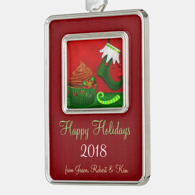 Holiday Cupcake Whimsey PERSONALIZED Silver Plated Framed Ornament (Left)