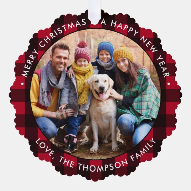 Holiday Custom Photo Farmhouse Red Buffalo Plaid Tree Decoration Card (Front)