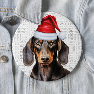 Holiday Dachshund Santa Dog on Woof Background 6 Cm Round Badge